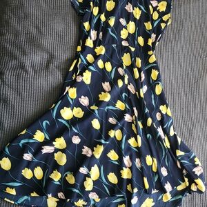 Unique Vintage Black and Yellow Floral Midi Dress